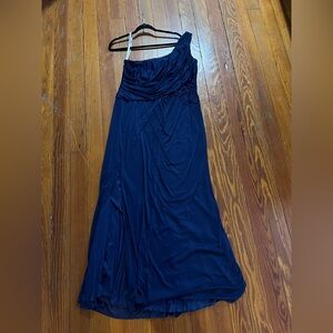 David’s Bridal | One-Shoulder Lace Detail Marine Blue Dress